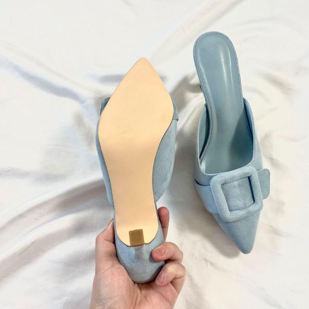 NEW Glam Coquette Powder Blue Faux Suede Buckle Pointy Kitten Heels US 8.5 - Picture 6 of 7